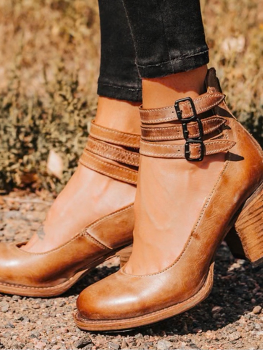 freebird Randi Tan Leather Ankle Booties with Triple Buckle